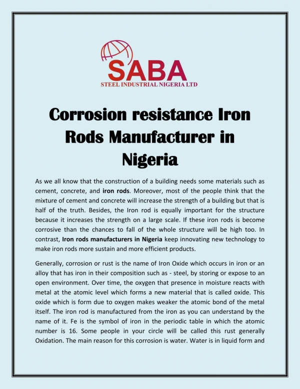 Corrosion resistance Iron Rods Manufacturer in Nigeria