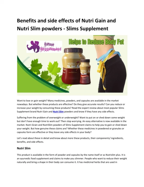 Benefits and side effects of Nutri Gain and Nutri Slim powders - Slims Supplement
