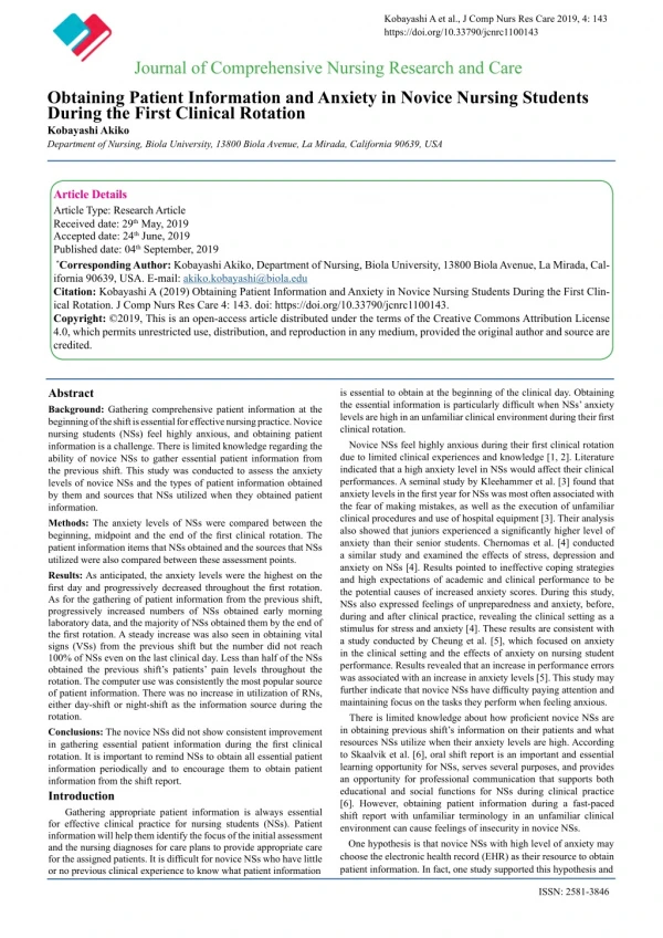 Obtaining Patient Information and Anxiety in Novice Nursing