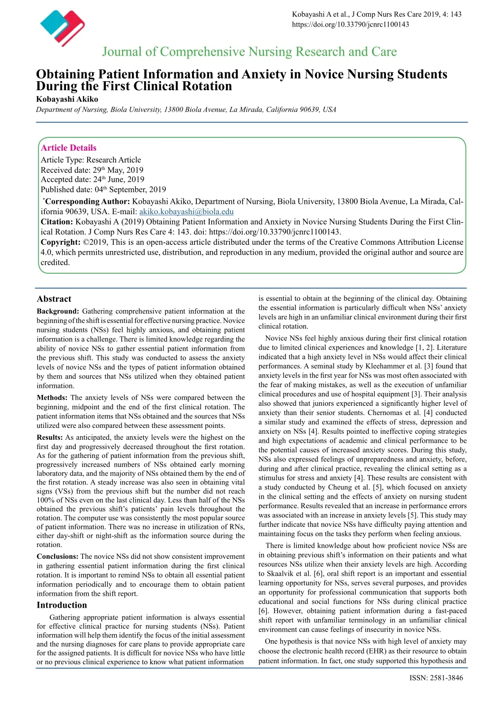 kobayashi a et al j comp nurs res care 2019