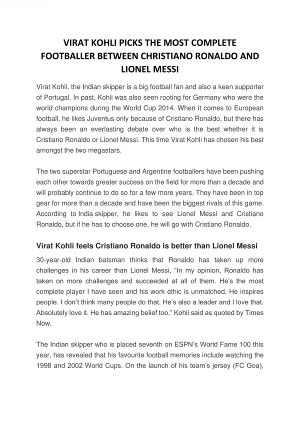 VIRAT KOHLI PICKS THE MOST COMPLETE FOOTBALLER BETWEEN CHRISTIANO RONALDO AND LIONEL MESSI