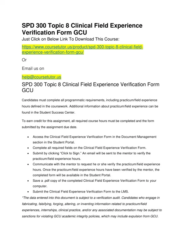 SPD 300 Topic 8 Clinical Field Experience Verification Form GCU