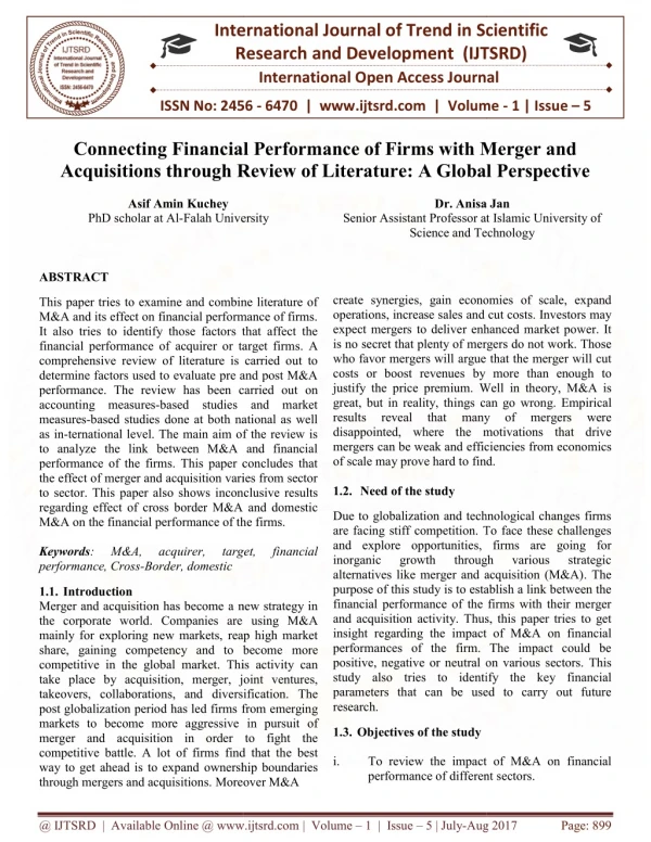 Connecting Financial Performance of Firms with Merger and Acquisitions through Review of Literature A Global Perspective