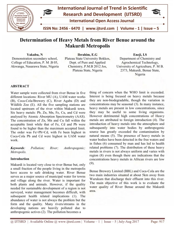 Determination of Heavy Metals from River Benue around the Makurdi Metropolis