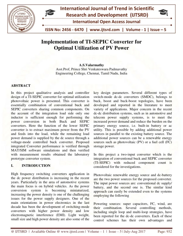 Implementation of TI SEPIC Converter for Optimal Utilization Of PV Power