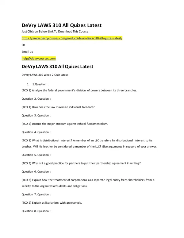 DeVry LAWS 310 All Quizes Latest