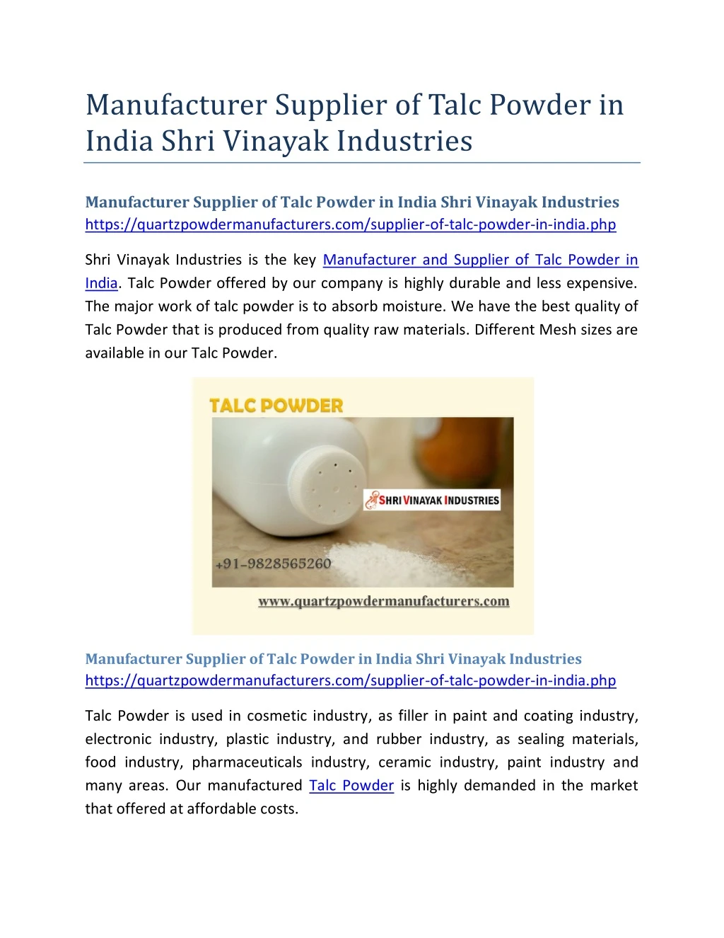 manufacturer supplier of talc powder in india