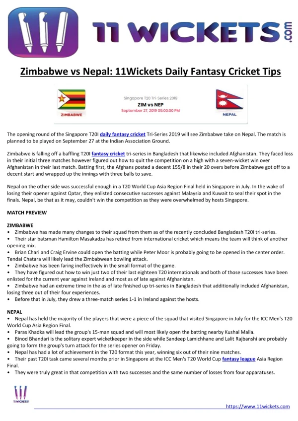 Zimbabwe vs Nepal: 11Wickets Daily Fantasy Cricket Tips