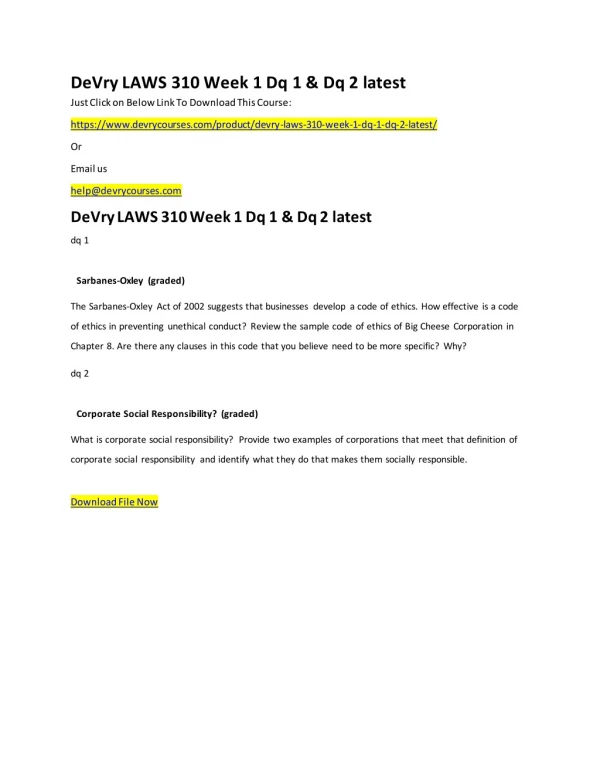 DeVry LAWS 310 Week 1 Dq 1 & Dq 2 latest