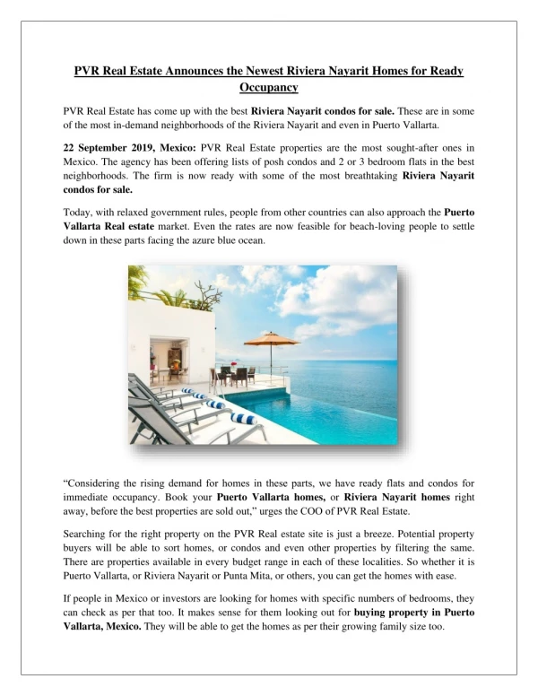 PVR Real Estate Announces the Newest Riviera Nayarit Homes for Ready Occupancy