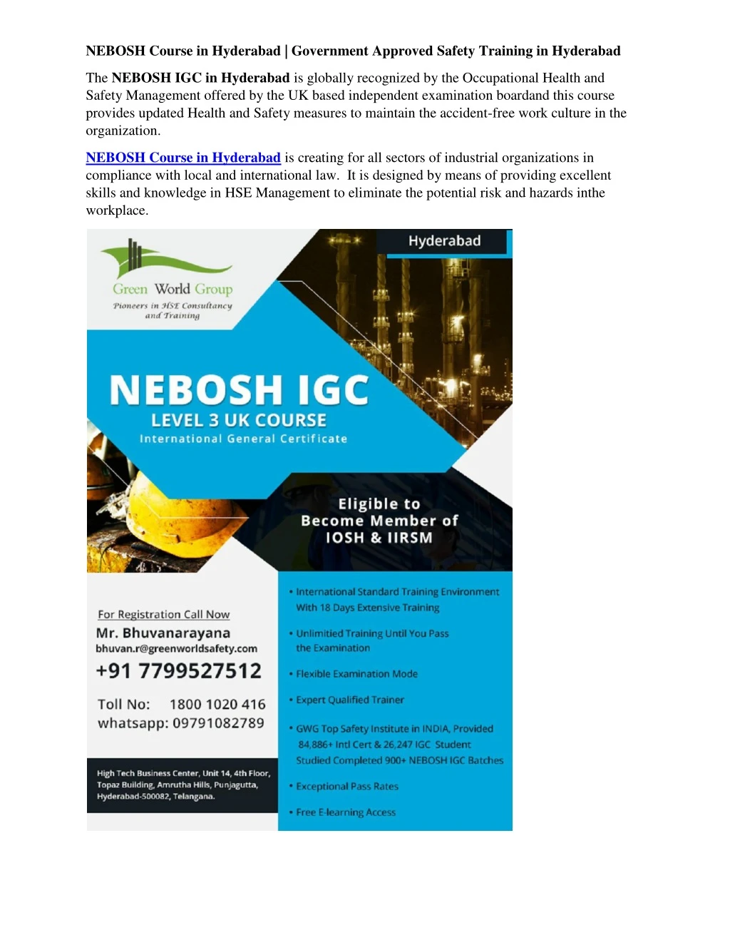 nebosh course in hyderabad government approved