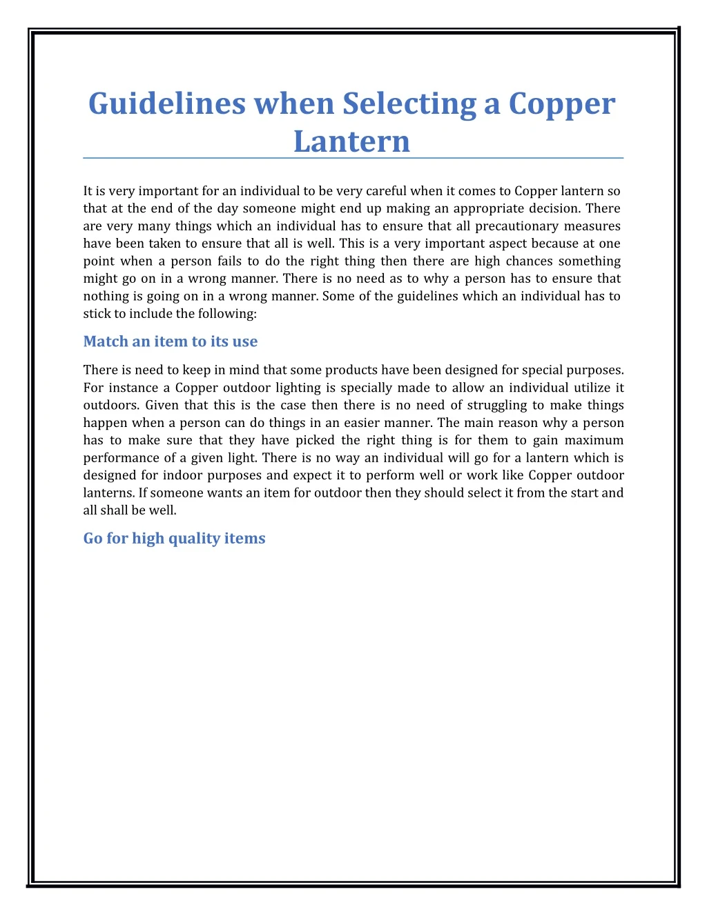 guidelines when selecting a copper lantern