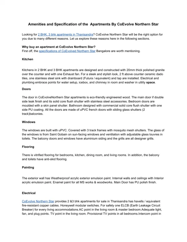 Amenities and Specification of the Apartments By CoEvolve Northern Star