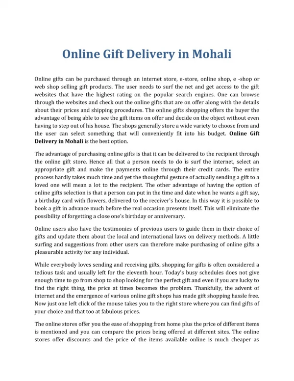 Online Gift Delivery in Mohali