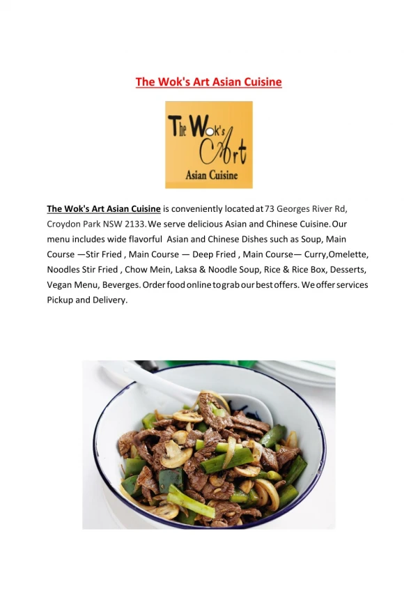 20% Off -The Wok's Art Asian Cuisine-Croydon Park - Order Food Online