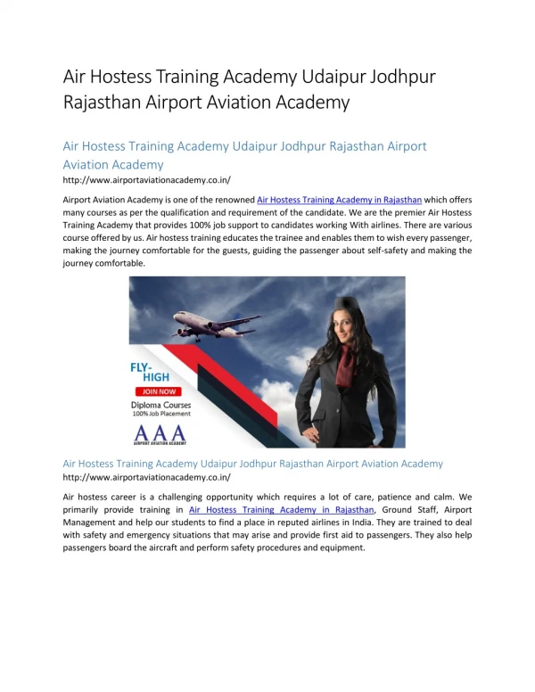 Air Hostess Training Academy Udaipur Jodhpur Rajasthan Airport Aviation Academy
