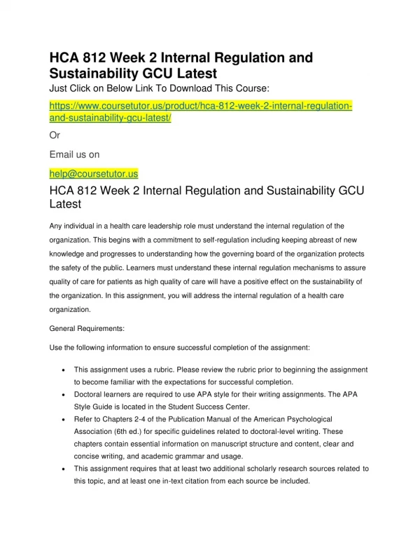 HCA 812 Week 2 Internal Regulation and Sustainability GCU Latest