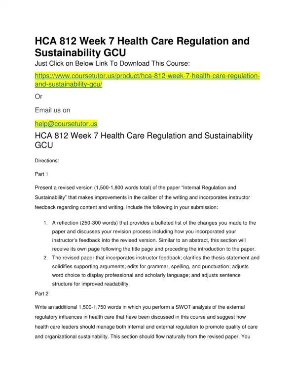 HCA 812 Week 7 Health Care Regulation and Sustainability GCU