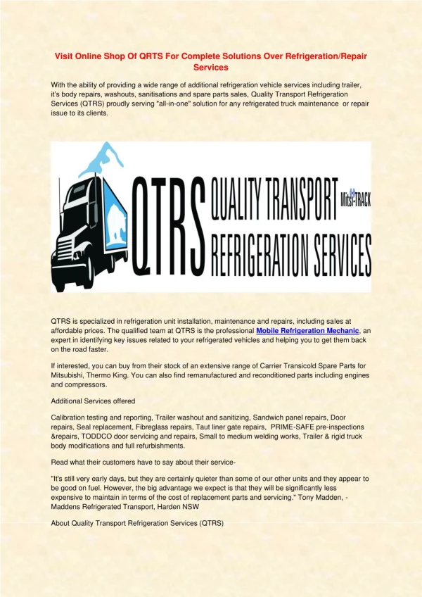Visit Online Shop Of QRTS For Complete Solutions Over Refrigeration/Repair Services