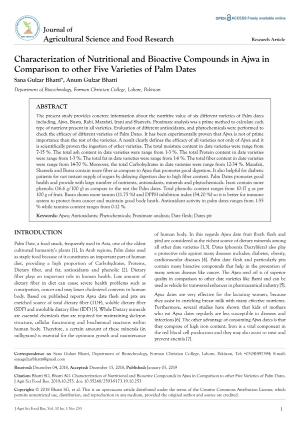 Characterization of Nutritional and Bioactive Compounds in Ajwa in Comparison to other Five Varieties of Palm Dates