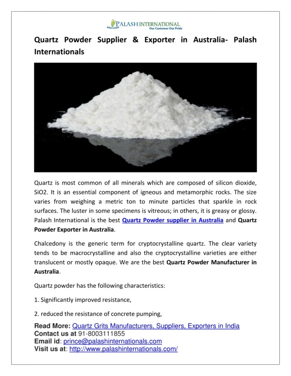 Quartz Powder Supplier & Exporter in Australia- Palash Internationals