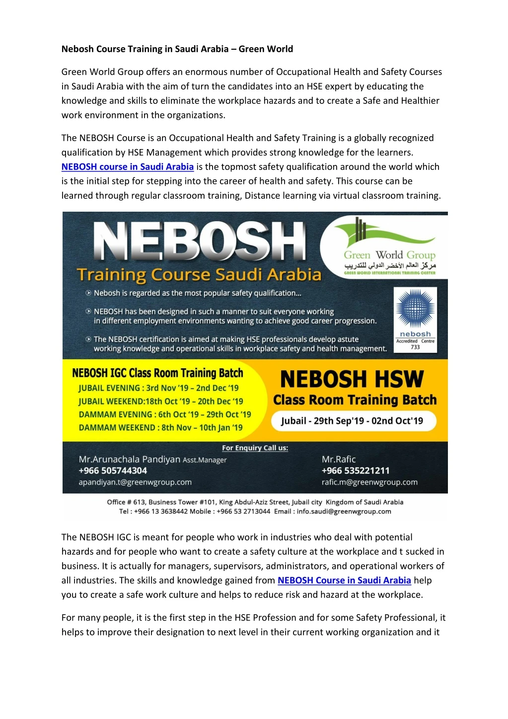 nebosh course training in saudi arabia green world