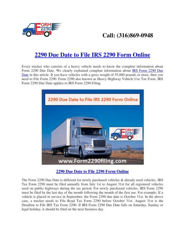 2290 Due Date to File IRS Form 2290 Online and Pay Heavy Vehicle Use Tax