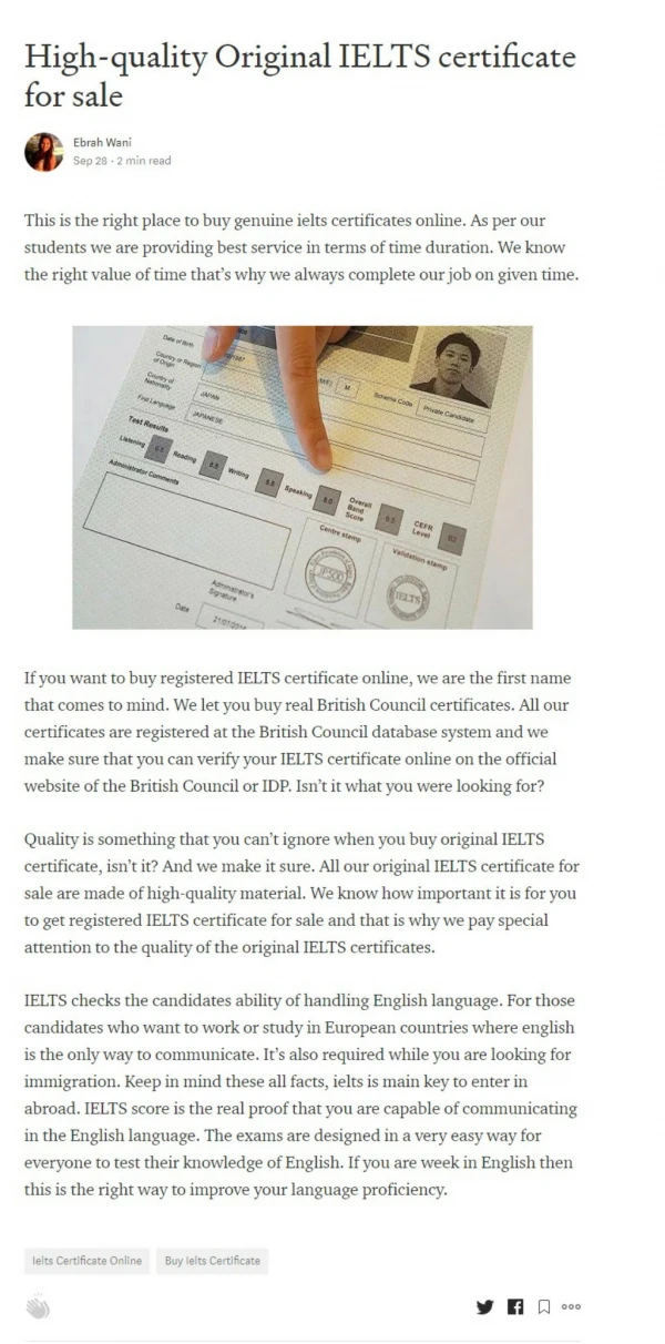 High-quality Original IELTS certificate for sale