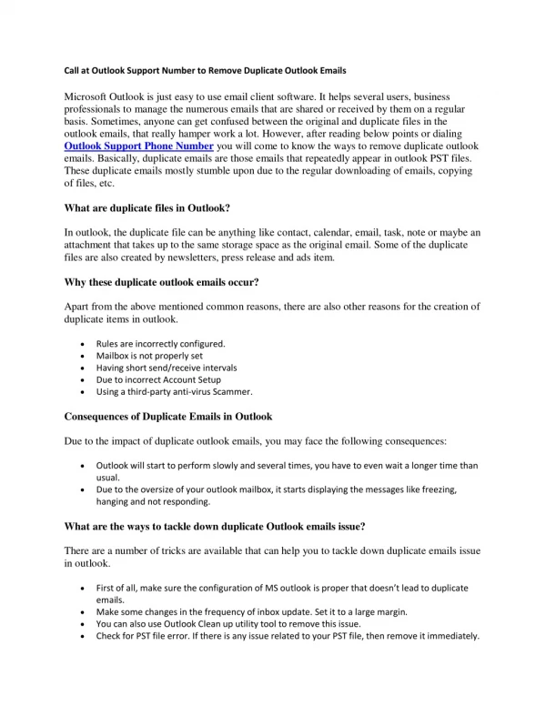 Call at Outlook Support Number to Remove Duplicate Outlook Emails