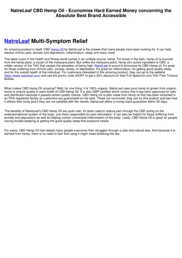 NatreLeaf CBD Hemp Oil - Stockpile Moolah regarding the Best Dietary Supplement Accessible