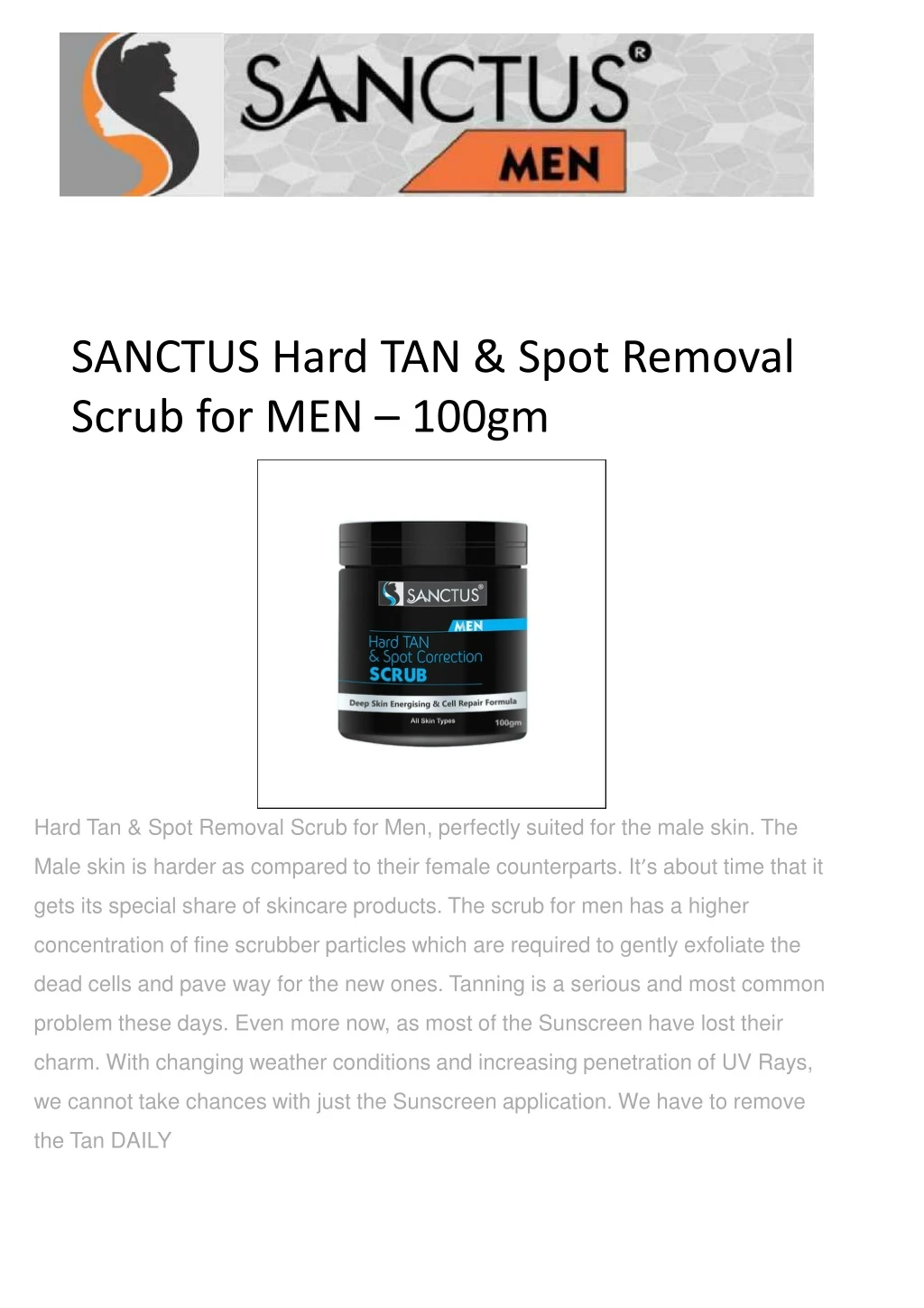 sanctus hard tan spot removal scrub for men 100gm