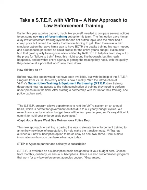 Take a S.T.E.P. with VirTra – A New Approach to Law Enforcement Training