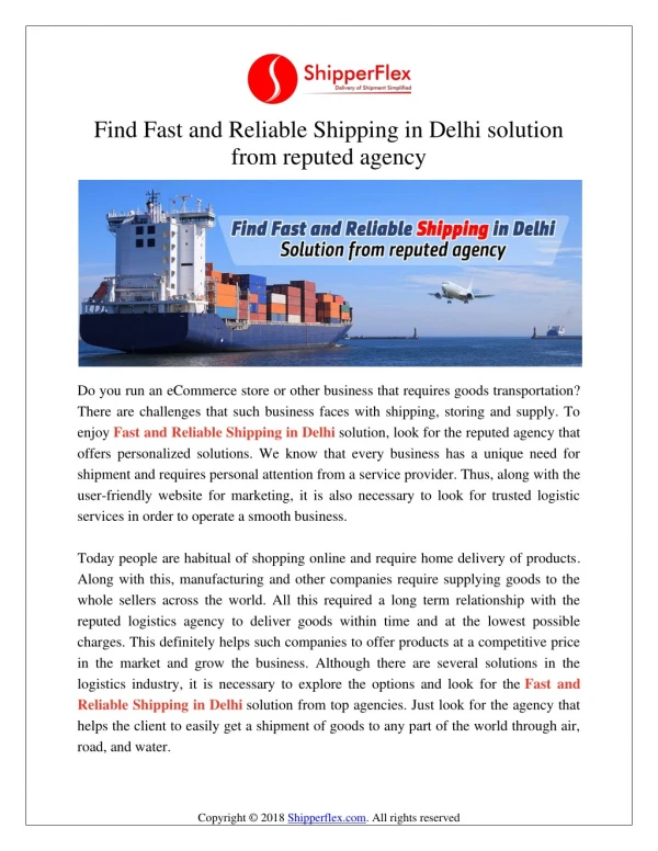 Find Fast and Reliable Shipping in Delhi solution from reputed agency