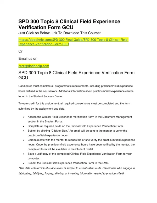 SPD 300 Topic 8 Clinical Field Experience Verification Form GCU