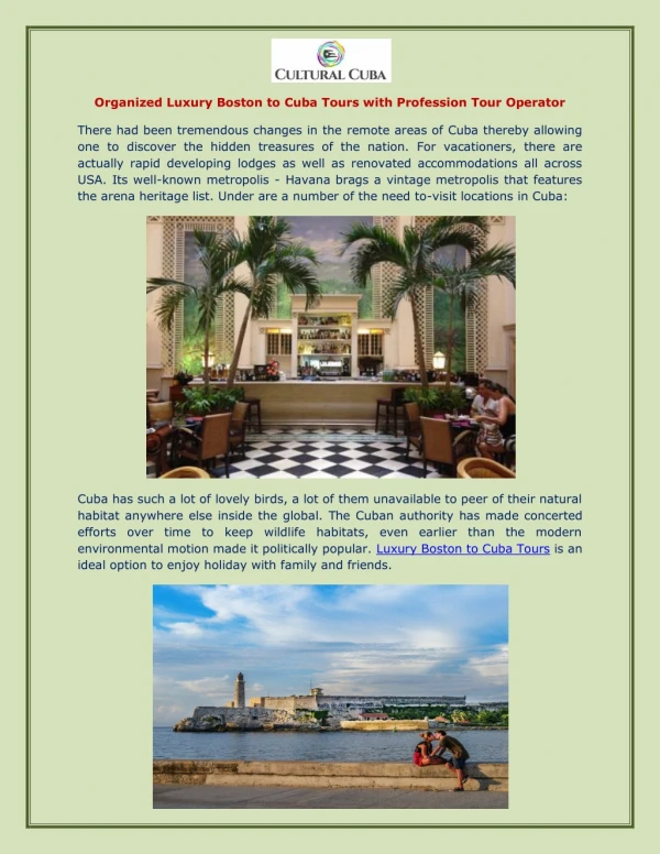 Organized Luxury Boston to Cuba Tours with Profession Tour Operator