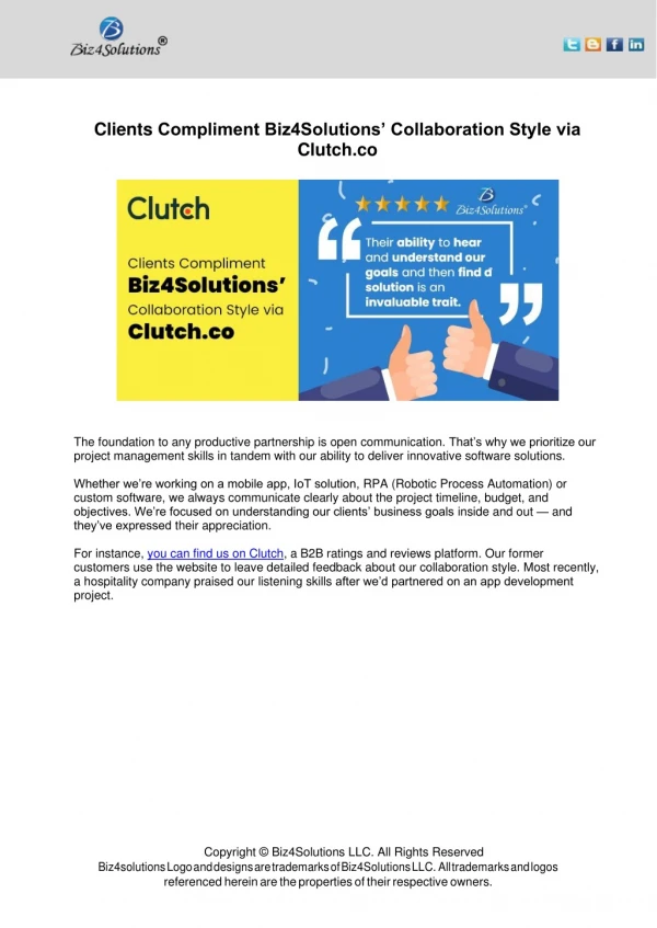 Clients Compliment Biz4solutions' Collaboration Style via Clutch.co