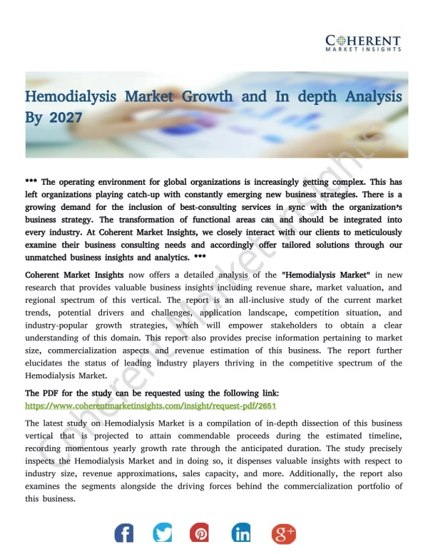 Hemodialysis Market Growth and In depth Analysis By 2027