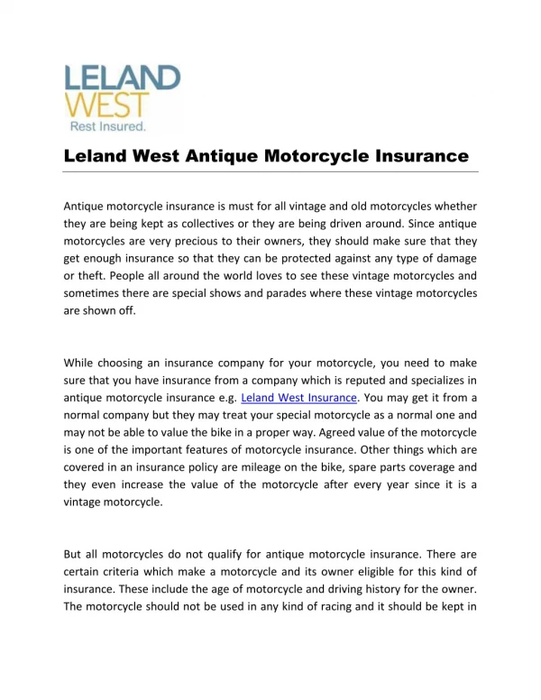 Leland West Antique Motorcycle Insurance