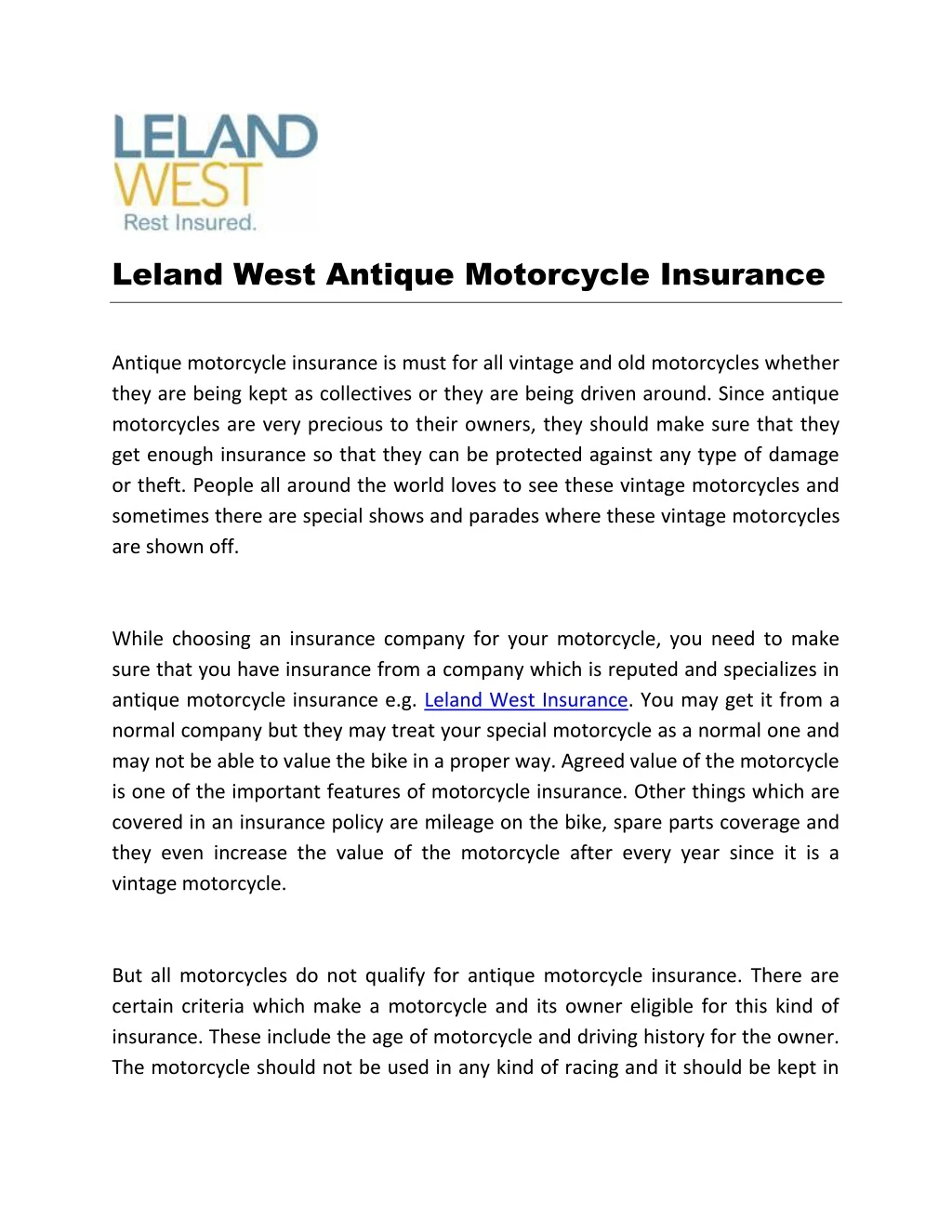 leland west antique motorcycle insurance