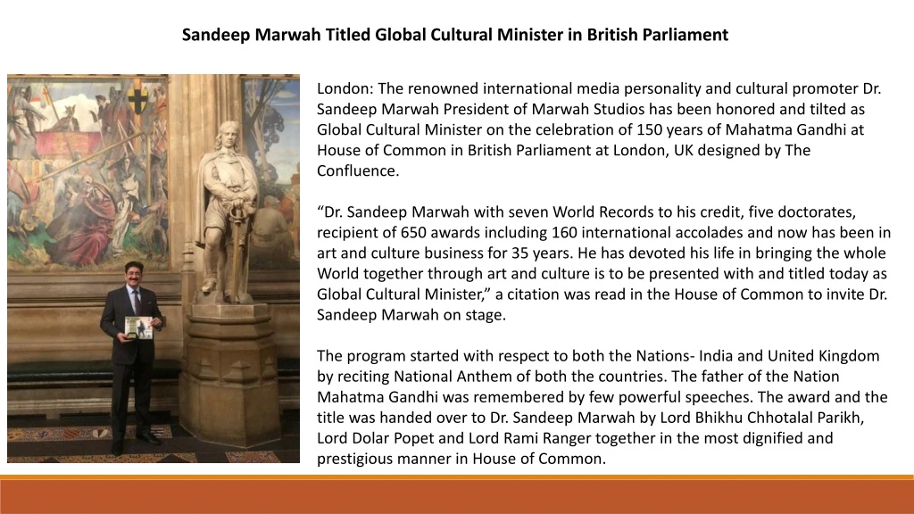 sandeep marwah titled global cultural minister