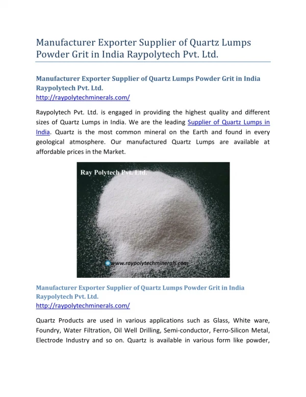 Manufacturer Exporter Supplier of Quartz Lumps Powder Grit in India Raypolytech Pvt. Ltd.