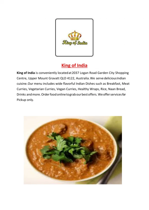 15% Off - King of India-Upper Mount Gravatt - Order Food Online