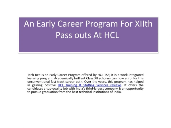 An Early Career Program For XIIth Pass outs At HCL