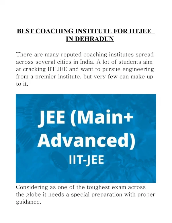 BEST COACHING INSTITUTE FOR IITJEE IN DEHRADUN