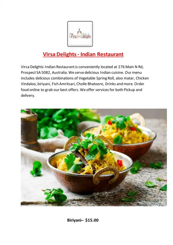 15% Off - Virsa Delights-Indian Restaurant-Prospect - Order Food Online