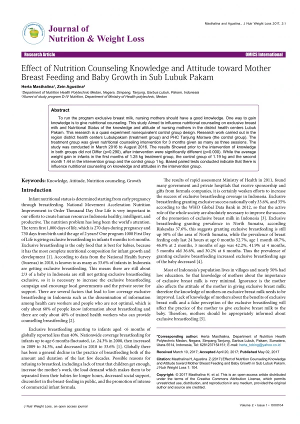Effect of Nutrition Counseling Knowledge and Attitude toward Mother Breast Feeding and Baby Growth in Sub Lubuk Pakam