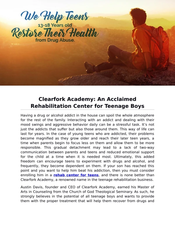 Clearfork Academy: An Acclaimed Rehabilitation Center for Teenage Boys