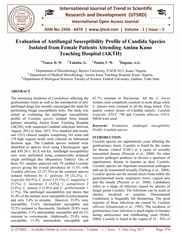 Evaluation of Antifungal Susceptibility Profile of Candida Species Isolated from Female Patients Attending Aminu Kano Te