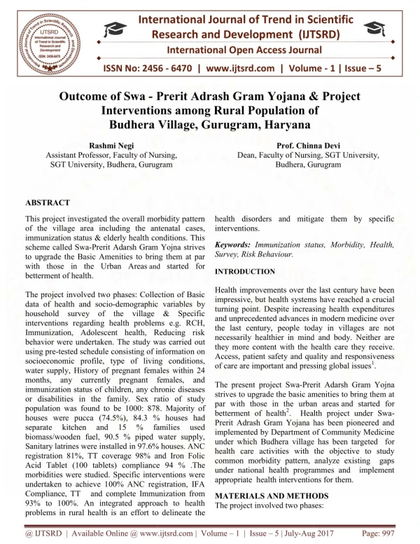 Outcome of Swa Prerit Adrash Gram Yojana and Project Interventions among Rural Population of Budhera Village, Gurugram,