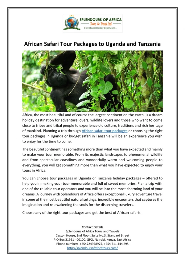 African Safari Tour Packages to Uganda and Tanzania